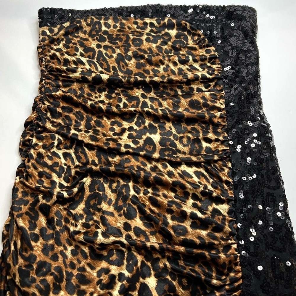 City Triangles Black Sequin Ruched Strapless Cheetah Bodycon Dress M Mob Wife